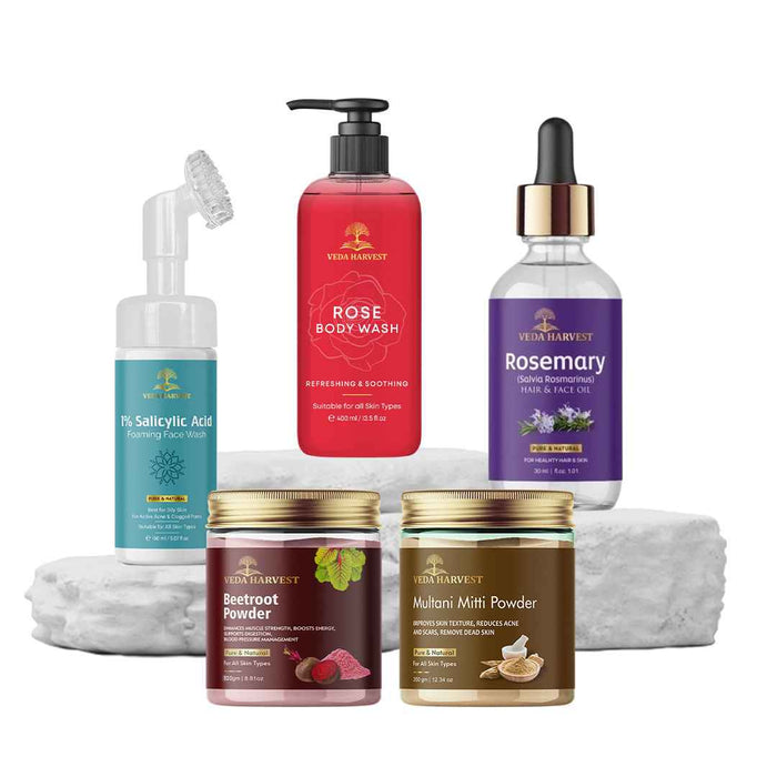 Essential Beauty Combo – Rose Body Wash, Salicylic Face Wash, Rosemary Oil, Beetroot & Multani Mitti