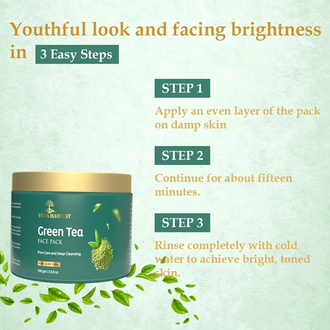 Green Tea Face Pack for Dark Spots & Cleansing - 100gm - Veda Harvest 