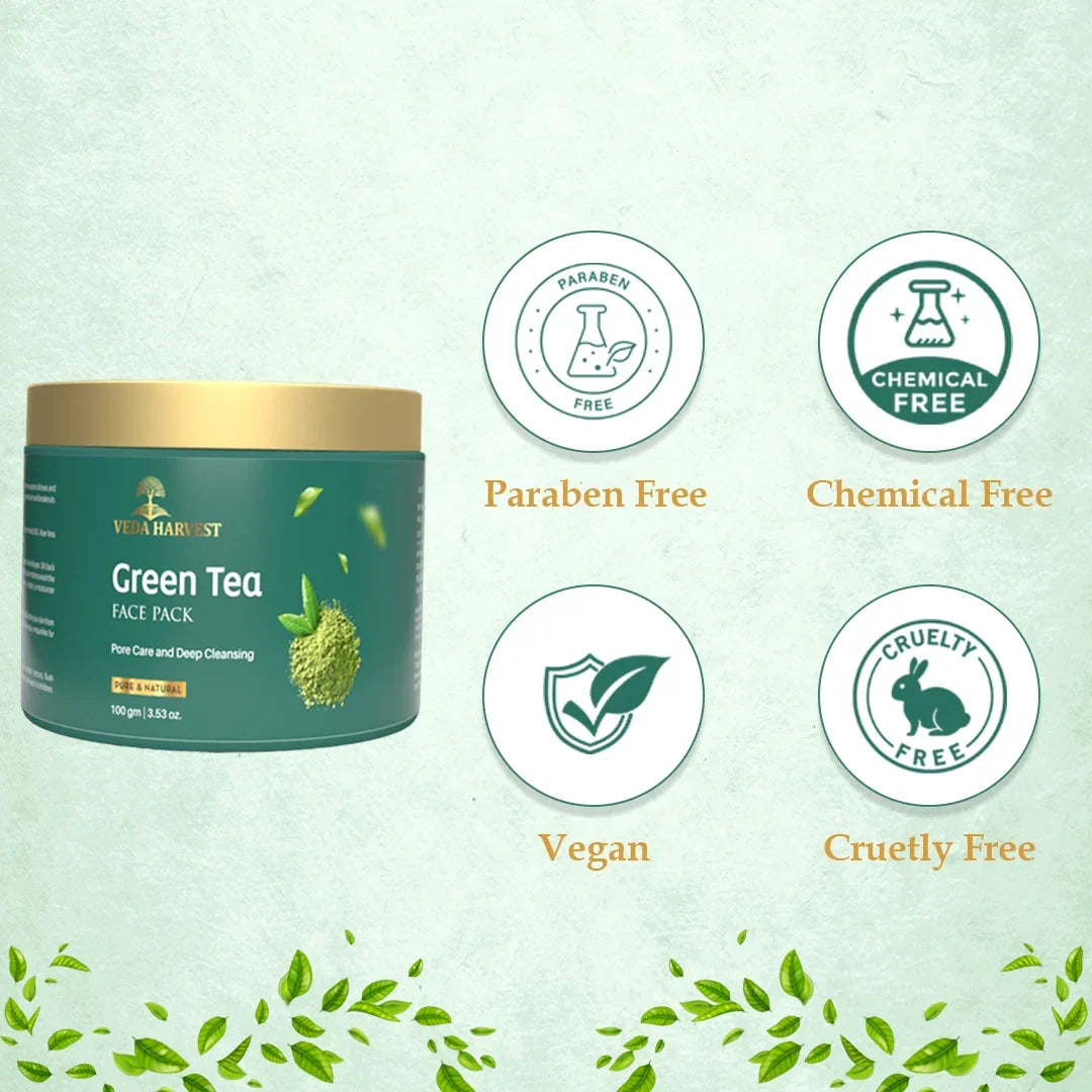 Green Tea Face Pack for Dark Spots & Cleansing - 100gm - Veda Harvest 