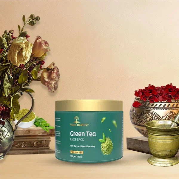 Green Tea Face Pack for Dark Spots & Cleansing - 100gm - Veda Harvest 