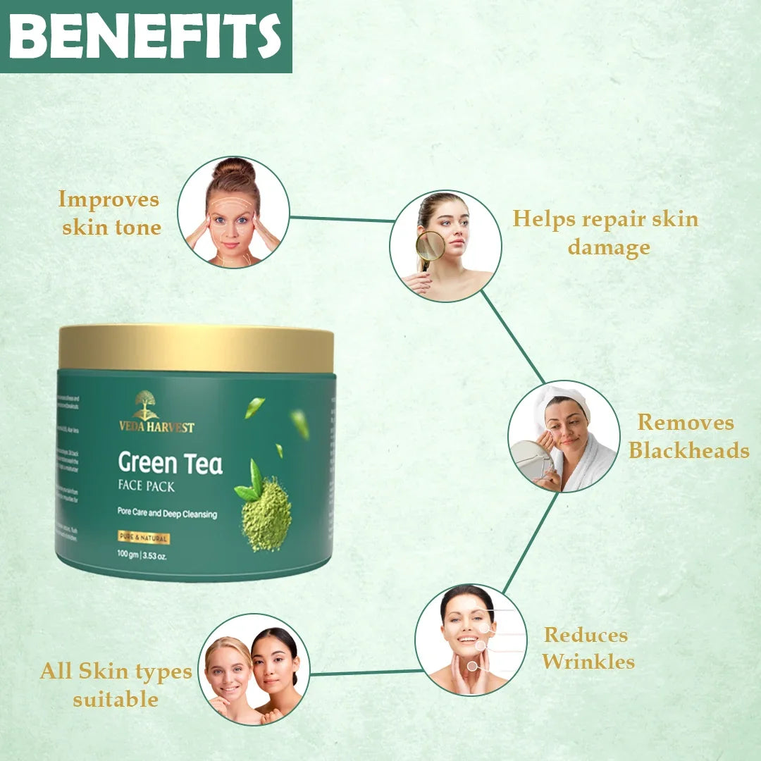 Green Tea Face Pack for Dark Spots & Cleansing - 100gm - Veda Harvest 