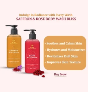indulge in the radiance with every shower, saffron and rose body wash bliss, it helps in soothing and calm your skin, also helps in hydration and moisturization, revitalizes dull skin and improves dull skin, buy now